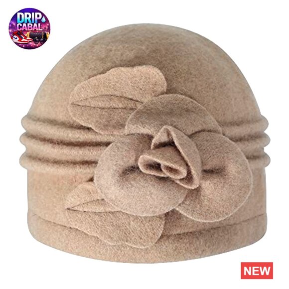Wool Blend Vintage Winter Cloche Bucket Hat with Stitched Flower Accent Vintage Floral Wool Dress Cloche Hats for Women 1920s Flower  main image 3